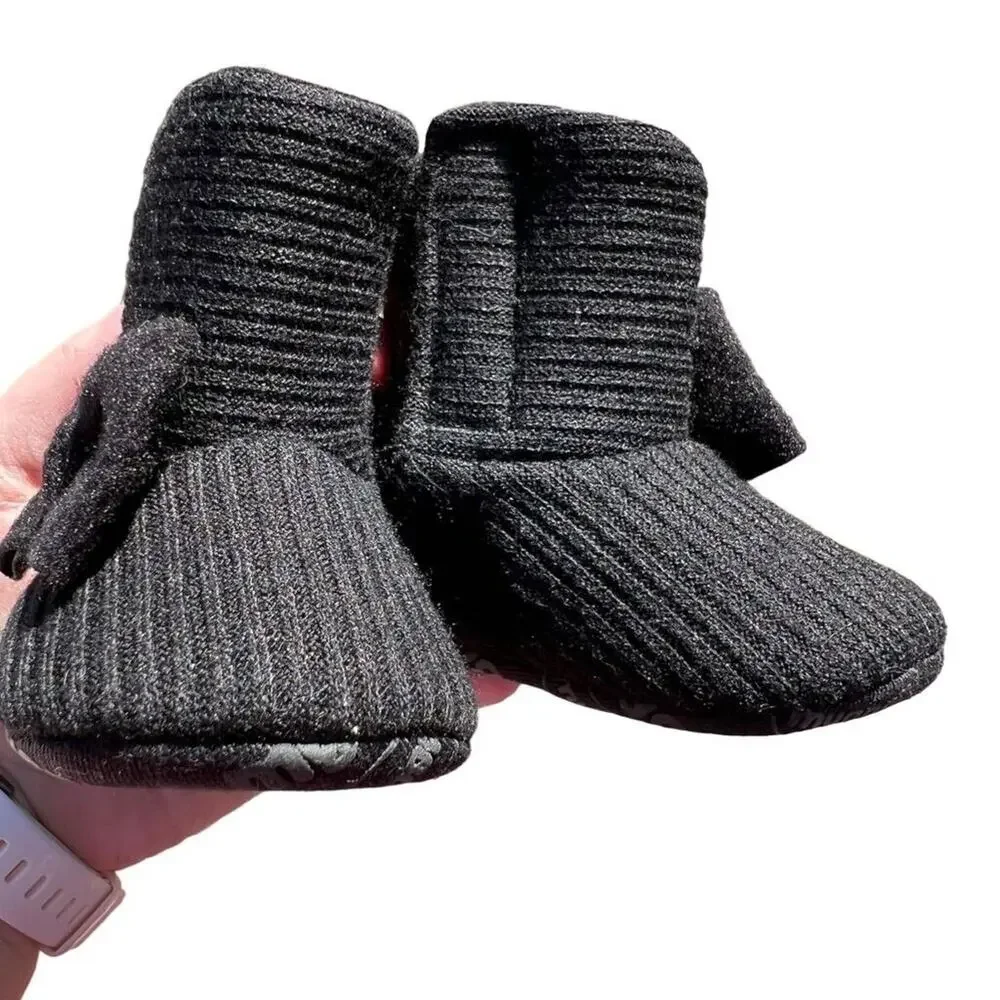 myggpp Baby Infant Booties Ankle Boots with Bow Black Soft Sole Fleece Lined